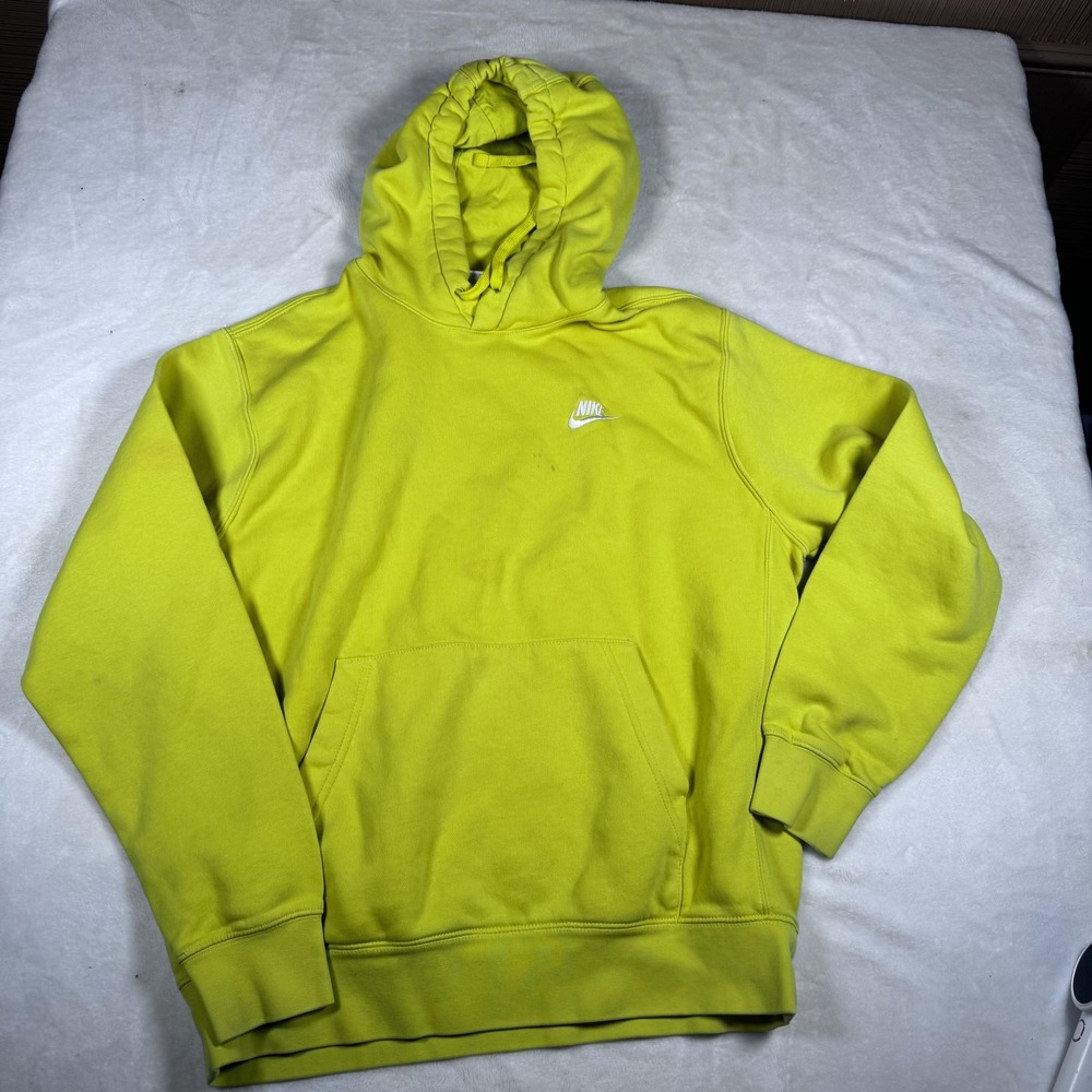 Nike Hoodie Sweatshirt Mens Medium Yellow Pullover Swoosh Logo Stains Fleece
